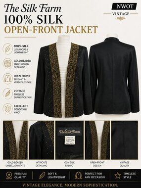 NWOT Vintage The Silk Farm Gold Beaded Silk Open Front Jacket Size S